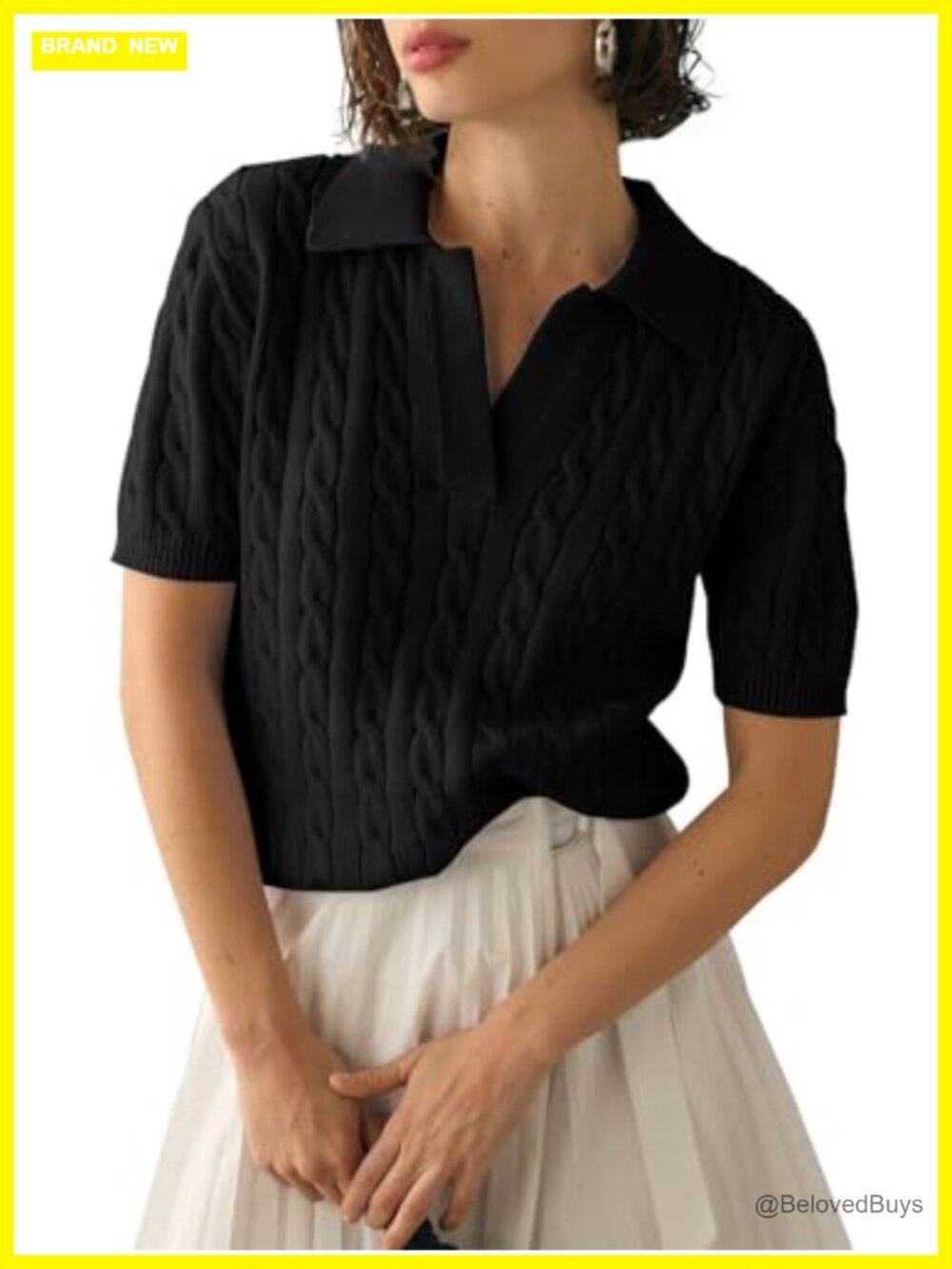 Short Sleeve V Neck Cable Knit Pullover Sweater